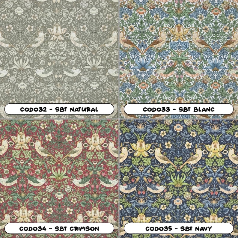 K&ouml;nnte beinhalten: Vier Stoffmuster mit einem sich wiederholenden floralen Muster. Die Muster sind mit CODO32 - SBT NATURAL, CODO33 - SBT BLANC, CODO34 - SBT CRIMSON und CODO35 - SBT NAVY beschriftet.