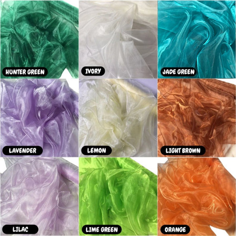 May include: Nine swatches of sheer fabric in various colors, including hunter green, ivory, jade green, lavender, lemon, light brown, lilac, lime green, and orange.