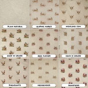May include: Nine different fabric swatches with various animal and nature patterns. The patterns include a plain natural fabric, leaping hares, highland cow, duck in grass, bee flower, fawn in grass, pheasants, hedgehogs, and roosters.
