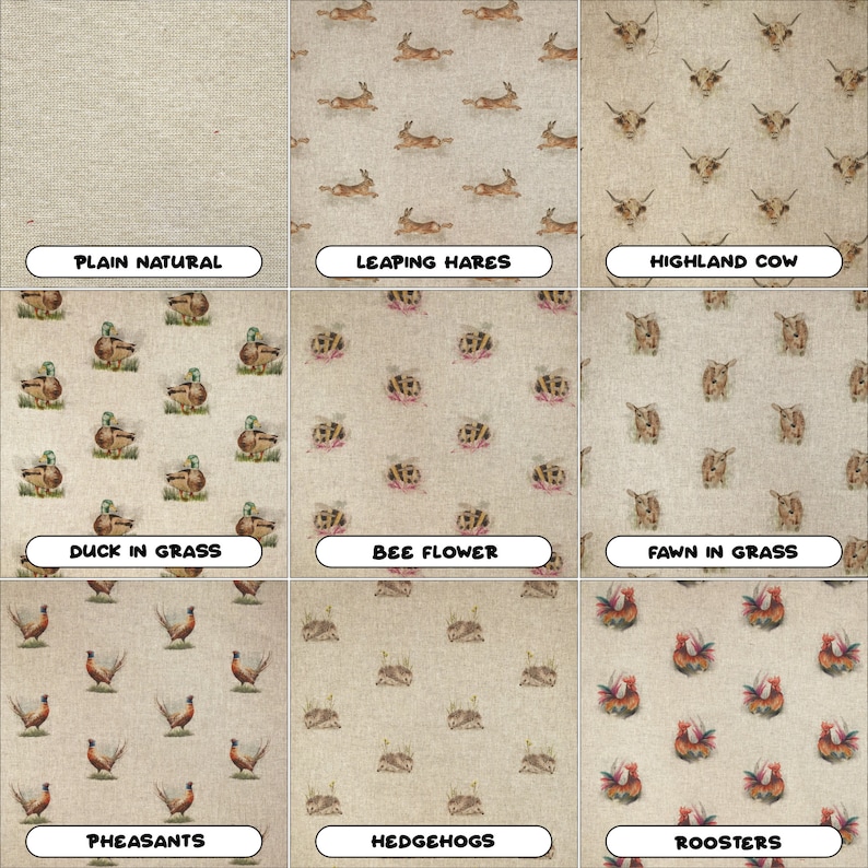 May include: Nine different fabric swatches with various animal and nature patterns. The patterns include a plain natural fabric, leaping hares, highland cow, duck in grass, bee flower, fawn in grass, pheasants, hedgehogs, and roosters.