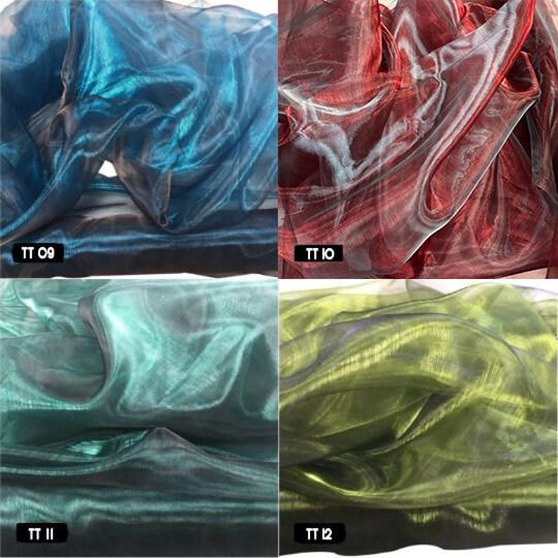 May include: Four swatches of iridescent sheer fabric in different colours: teal, red, green, and olive. The fabric is translucent and has a shimmery finish. The swatches are labelled with the numbers TT 08, TT 10, TT 11, and TT 12.