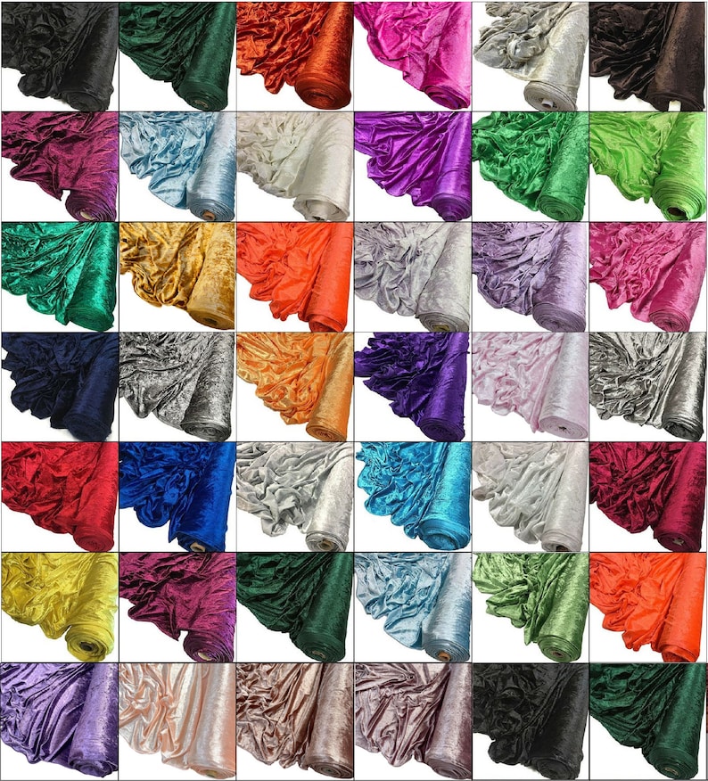 May include: A collection of 36 fabric swatches in various colours, including black, red, blue, green, orange, and purple. The fabric is a soft, velvety material with a crinkled texture. Each swatch is rolled up and displayed against a white background.