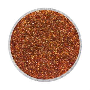 May include: A round jar filled with fine, iridescent orange glitter. The glitter has a metallic sheen and is perfect for crafting and decorating.