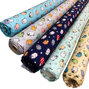 100% Cotton Poplin Fabric Cute Country Toon Time Multi Coloured Fluffy Sheep