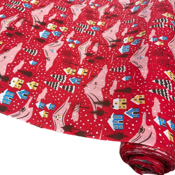 Christmas Polycotton Fabric - Fifty Patterns - Sold Per Metre 112cm wide ( SNOWY HILLS RED X - 17 )