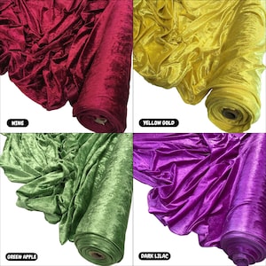 May include: Four rolls of crushed velvet fabric in different colours: wine, yellow gold, green apple, and dark lilac.