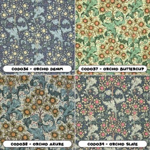 K&ouml;nnte beinhalten: Vier Stoffmuster mit Blumenmustern. Die Muster sind mit "CODO36 - ORCHID DENIM", "CODO37 - ORCHID BUTTERCUP", "CODO38 - ORCHID AZURE" und "CODO39 - ORCHID SLATE" beschriftet.