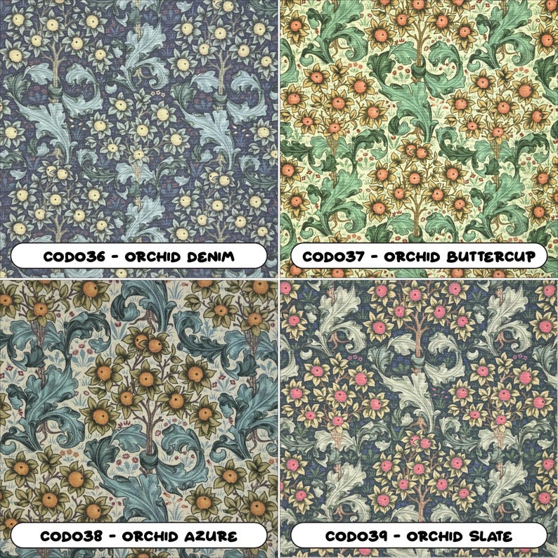 K&ouml;nnte beinhalten: Vier Stoffmuster mit Blumenmustern. Die Muster sind mit "CODO36 - ORCHID DENIM", "CODO37 - ORCHID BUTTERCUP", "CODO38 - ORCHID AZURE" und "CODO39 - ORCHID SLATE" beschriftet.