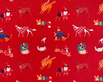 100% Cotton Christmas Fabric Material Digital Print Sold By the Metre 140cm wide. Christmas Dogs Red - CC340