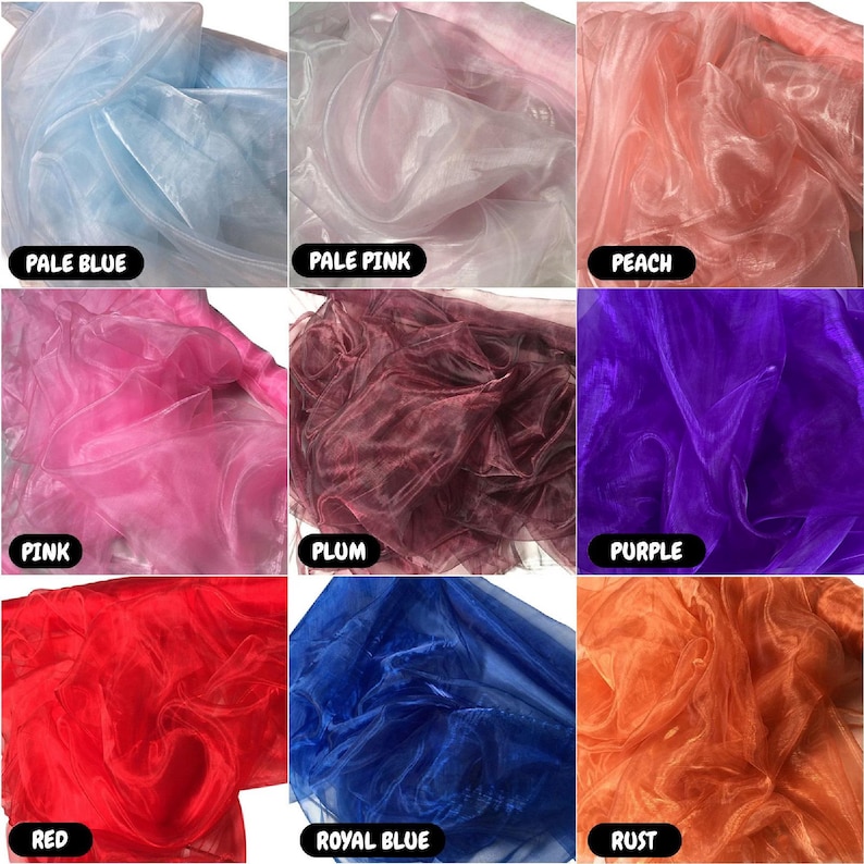 May include: Nine swatches of sheer fabric in various colors, including pale blue, pale pink, peach, pink, plum, purple, red, royal blue, and rust.