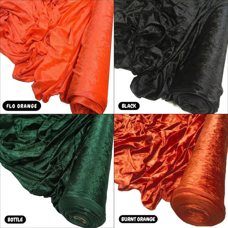 May include: Four fabric swatches of velvet in different colours: burnt orange, black, bottle green, and flo orange. The fabric is rolled up and the ends are visible.
