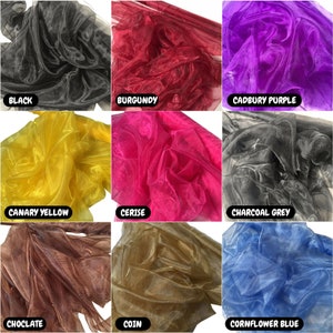 May include: A collection of 10 different colors of sheer fabric. The colors are black, burgundy, Cadbury purple, canary yellow, cerise, charcoal grey, chocolate, coin, cornflower blue.