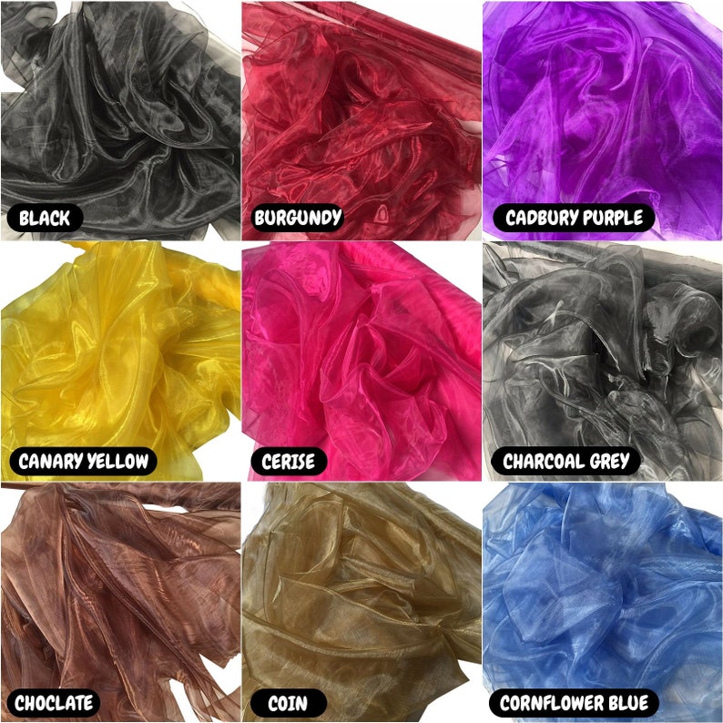 May include: A collection of 10 different colors of sheer fabric. The colors are black, burgundy, Cadbury purple, canary yellow, cerise, charcoal grey, chocolate, coin, cornflower blue.