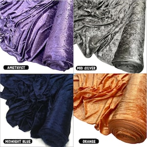May include: Four fabric swatches in different colours: amethyst, mid silver, midnight blue, and orange. The fabric is a crushed velvet with a soft, luxurious feel.