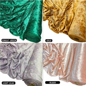 May include: Four rolls of crushed velvet fabric in different colours: forest green, gold, light lilac, and blush.