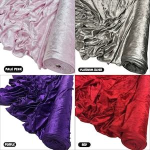 May include: Four rolls of crushed velvet fabric in different colours: pale pink, platinum silver, purple, and red. The fabric is soft and luxurious, with a subtle sheen.