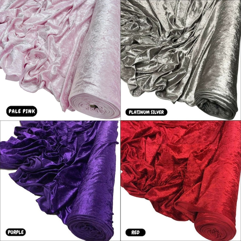 May include: Four rolls of crushed velvet fabric in different colours: pale pink, platinum silver, purple, and red. The fabric is soft and luxurious, with a subtle sheen.