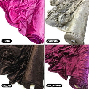 May include: Four rolls of crushed velvet fabric in different colours: cerise, champagne, chocolate, and concord grape.