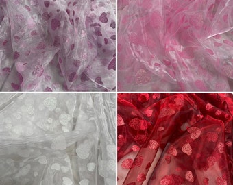 4 couleurs Sheer Glitter Heart Organza Tissu Voile Vendu par MÈTRE Rideau Matériel de mariage 140cm