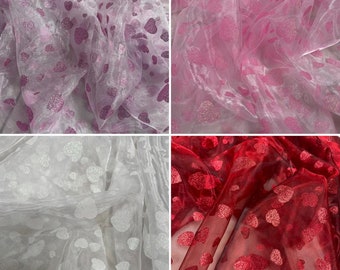 4 Colours Sheer Glitter Heart Organza Fabric Voile Sold Per METRE Curtain Wedding Material 140cm