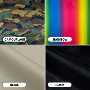 May include: Four fabric swatches: camouflage pattern in green, brown, and tan; a rainbow gradient; a beige fabric; and a black fabric. Each swatch has a white label with its name: CAMOUFLAGE, RAINBOW, BEIGE, and BLACK.