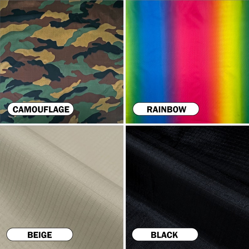 May include: Four fabric swatches: camouflage pattern in green, brown, and tan; a rainbow gradient; a beige fabric; and a black fabric. Each swatch has a white label with its name: CAMOUFLAGE, RAINBOW, BEIGE, and BLACK.