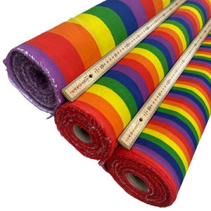 Poly Cotton Fabric Colourful Rainbow Designs in Large, Medium & Small Stripe size Sold Per Metre 114cm wide