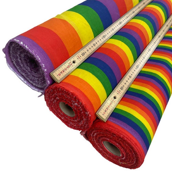 Poly-Baumwollstoff mit bunten Regenbogen-Designs in großen, mittleren und kleinen Streifengrößen, verkauft pro Meter, 114 cm breit