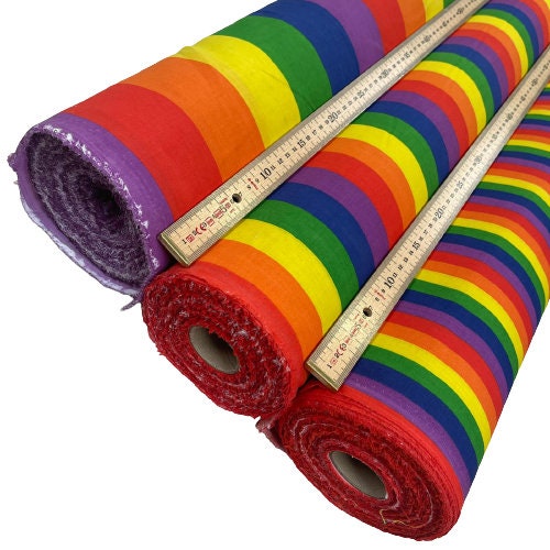 Poly Cotton Fabric Colourful Rainbow Designs in Large, Medium & Small Stripe size Sold Per Metre 114cm wide