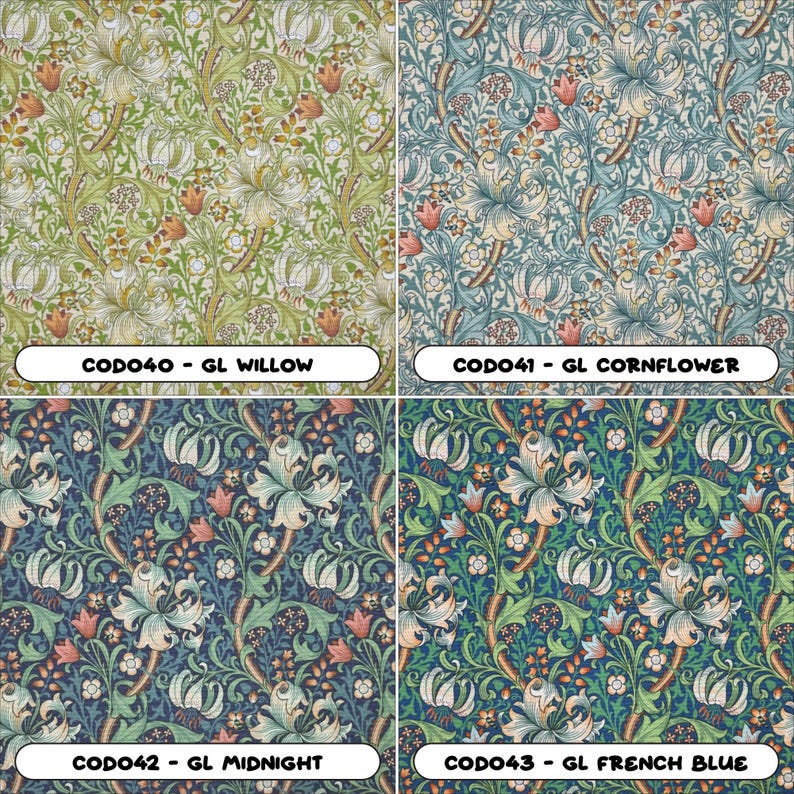 K&ouml;nnte beinhalten: Vier Stoffmuster mit einem sich wiederholenden floralen Muster. Die Muster sind mit "CODO40 - GL WILLOW", "CODO41 - GL CORNFLOWER", "CODO42 - GL MIDNIGHT" und "CODO43 - GL FRENCH BLUE" beschriftet.