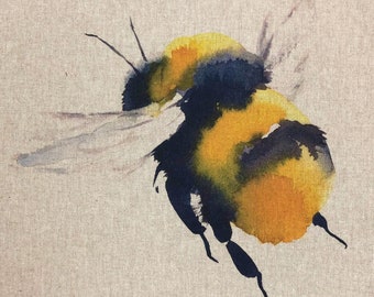 Luxury Cotton Rich Digital Printed Linen Fabric - 3 Image Sizes to Choose from - Sold By The Metre or Panel  -  ( BUMBLE BEE  )