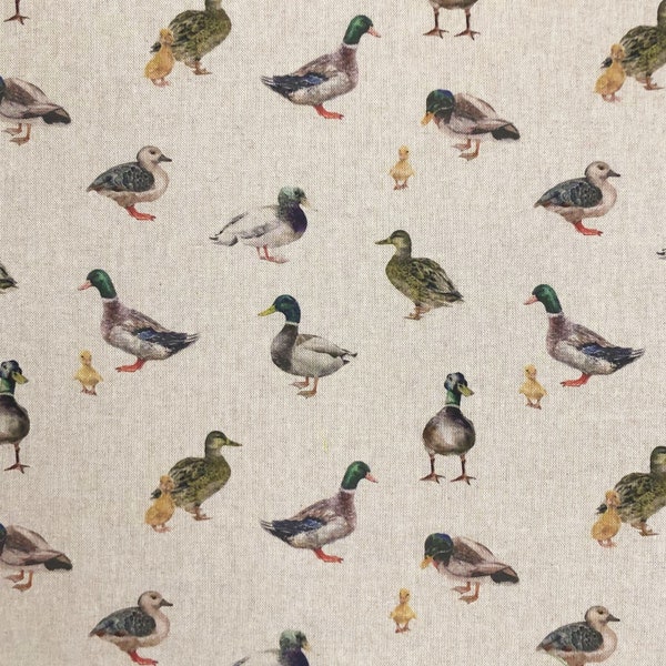 Luxury Cotton Rich Digital Printed Linen Fabric - Sold By The Metre -   ( MALLARD Green head Ducks )