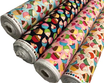 Cotton Poplin Fabric Small Colourful Cupcakes with Cream and Cherries in Pink Blue Cream and Navy Blue 45" Wide