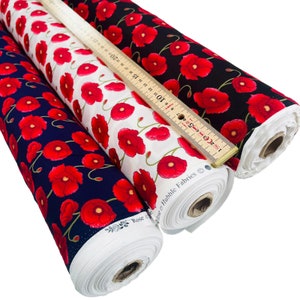 100% Cotton Poplin Fabric With Red Poppies Sold Per Metre