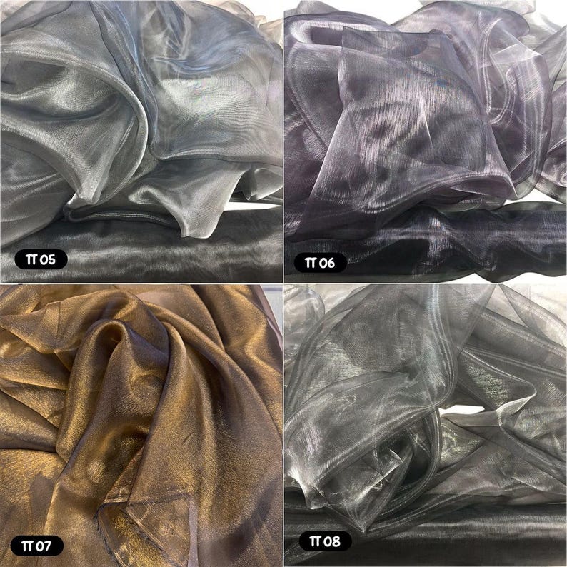 May include: Four swatches of sheer fabric in different colours: silver, black, gold, and grey. The swatches are labelled with the numbers TT 05, TT 06, TT 07, and TT 08.