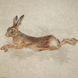 Peut inclure: Un lapin brun aux grandes oreilles saute en l'air. Le lapin est en plein vol, les pattes tendues. L'arrière-plan est une toile de couleur beige clair.