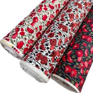 Tessuto popeline di cotone 100% Rose & Hubble Lovely Poppies in 3 colori 45''/114 cm di larghezza