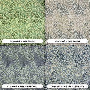 K&ouml;nnte beinhalten: Vier Stoffmuster mit einem Weidenmuster. Die Muster sind mit ihren Farbnamen gekennzeichnet: WB Sage, WB Linen, WB Charcoal und WB Sea Breeze.