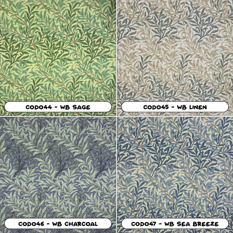 K&ouml;nnte beinhalten: Vier Stoffmuster mit einem Weidenmuster. Die Muster sind mit ihren Farbnamen gekennzeichnet: WB Sage, WB Linen, WB Charcoal und WB Sea Breeze.