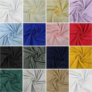 Puede incluir: Una cuadrícula de muestras de tela en varios colores lisos, incluyendo blanco, amarillo, lavanda, azul, rosa, rojo, negro, gris, marino, dorado, verde y beige. Cada muestra está arremolinada, mostrando la textura y las variaciones de color de la tela.