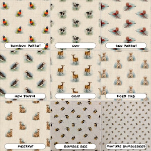 May include: A digital collage of nine different fabric patterns featuring various animals and insects. The patterns include a rainbow parrot, a cow, a red parrot, a puffin, a goat, a tiger cub, a meerkat, a bumble bee, and miniature bumblebees.