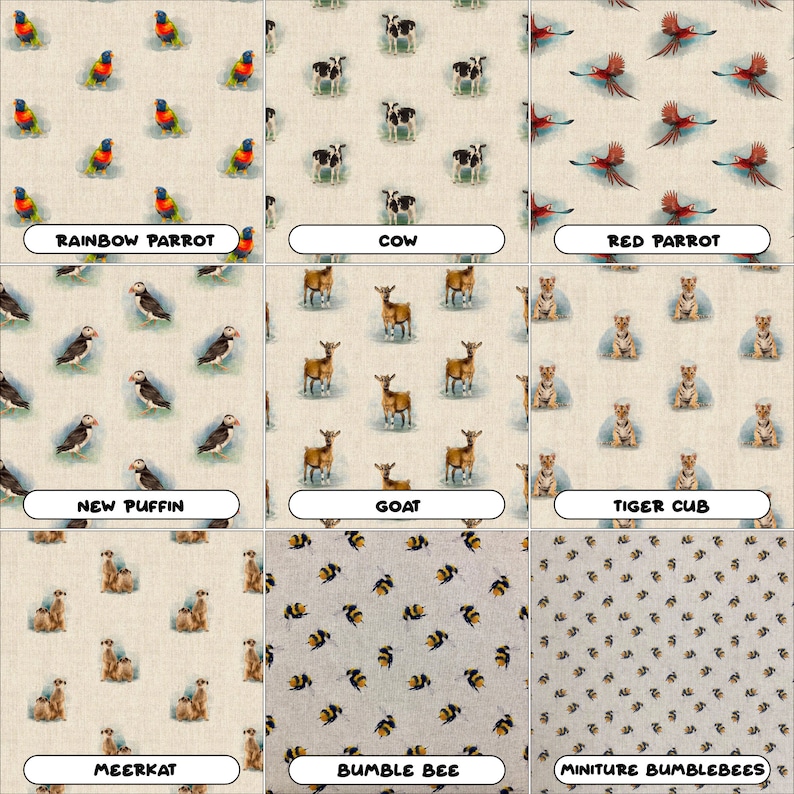 May include: A digital collage of nine different fabric patterns featuring various animals and insects. The patterns include a rainbow parrot, a cow, a red parrot, a puffin, a goat, a tiger cub, a meerkat, a bumble bee, and miniature bumblebees.