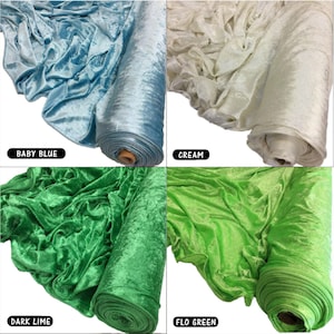 May include: Four rolls of crushed velvet fabric in different colours: baby blue, cream, dark lime, and flo green.