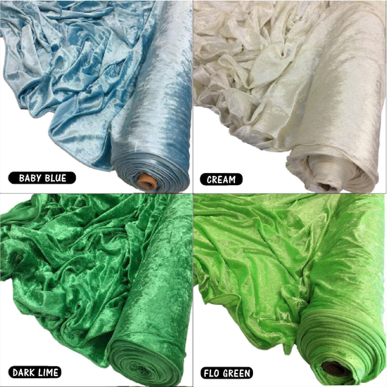 May include: Four rolls of crushed velvet fabric in different colours: baby blue, cream, dark lime, and flo green.