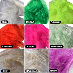 May include: Nine swatches of sheer fabric in various colors, including cream, emerald, neon green, neon orange, neon pink, green apple, gold, beige, and hot pink.