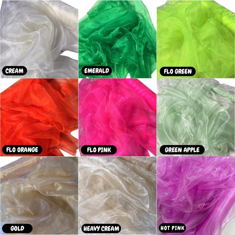 May include: Nine swatches of sheer fabric in various colors, including cream, emerald, neon green, neon orange, neon pink, green apple, gold, beige, and hot pink.