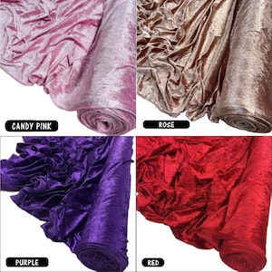 May include: Four swatches of crushed velvet fabric in different colours: candy pink, rose, purple, and red. The fabric is soft and luxurious, with a subtle sheen.