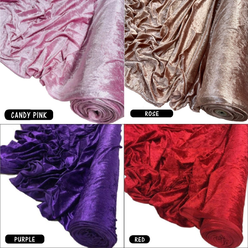 May include: Four swatches of crushed velvet fabric in different colours: candy pink, rose, purple, and red. The fabric is soft and luxurious, with a subtle sheen.