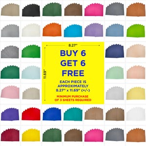 May include: A display of assorted coloured paper sheets, each approximately 21 x 29.7 cm. The image features text stating "BUY 6 GET 6 FREE". Minimum purchase of 3 sheets required. The paper colours include pink, green, and blue.