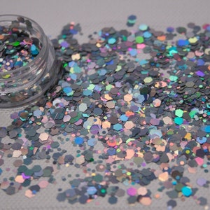 Chunky Mixed Body & Festival Glitter in 60 Colours 100gm 50gm Sample Bags  (CG-14 Silver Holographic )